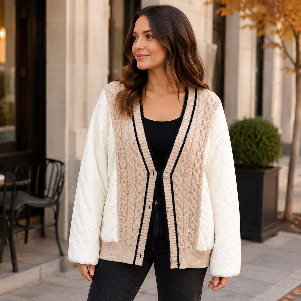 Polagram Women's Quilted Jacket Ivory Long Sleeve V-neck Patchwork Preppy XL